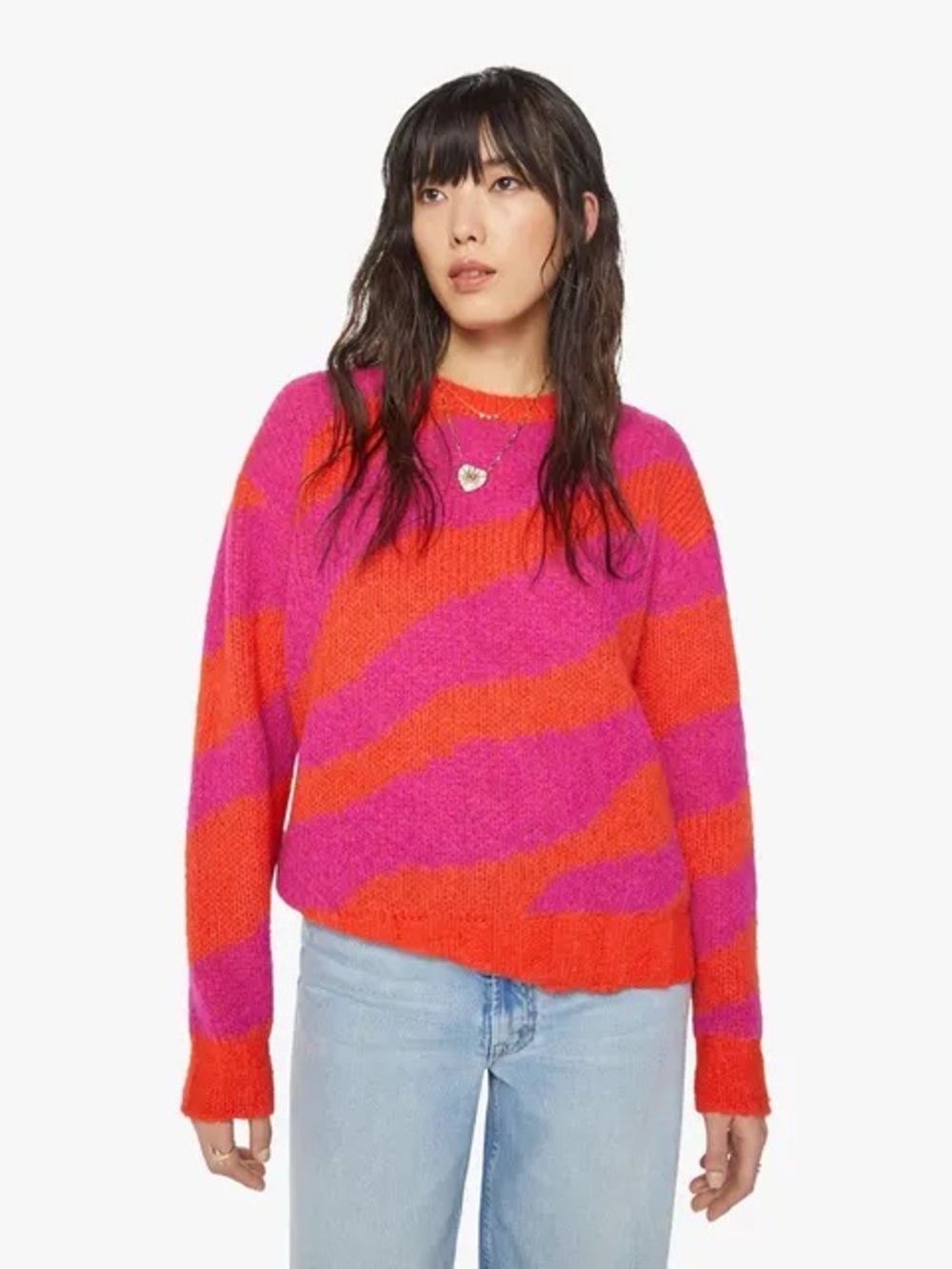 MOTHER Alpaca Pink and Orange Striped Crewneck Sweater